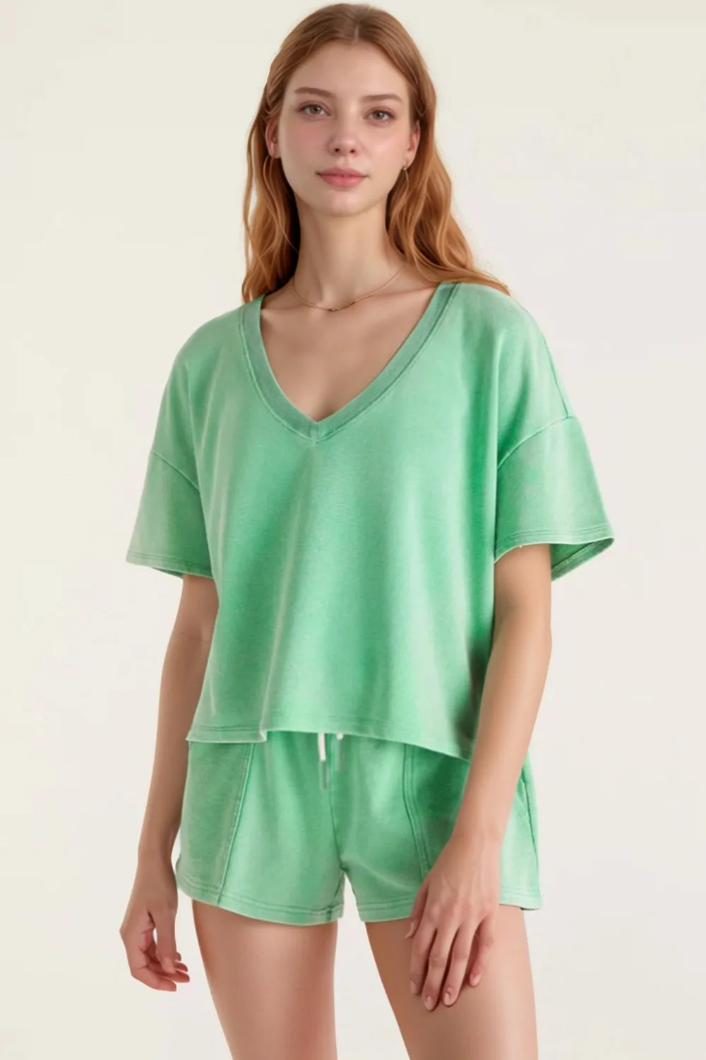 V-Neck Short Sleeve Loose Top and Drawstring Shorts Set, image 3
