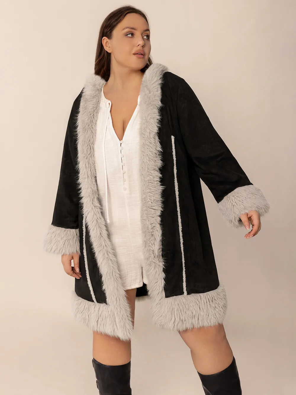 Plus Size Fuzzy Trim Open Front Long Sleeve Hooded Coat, image 3