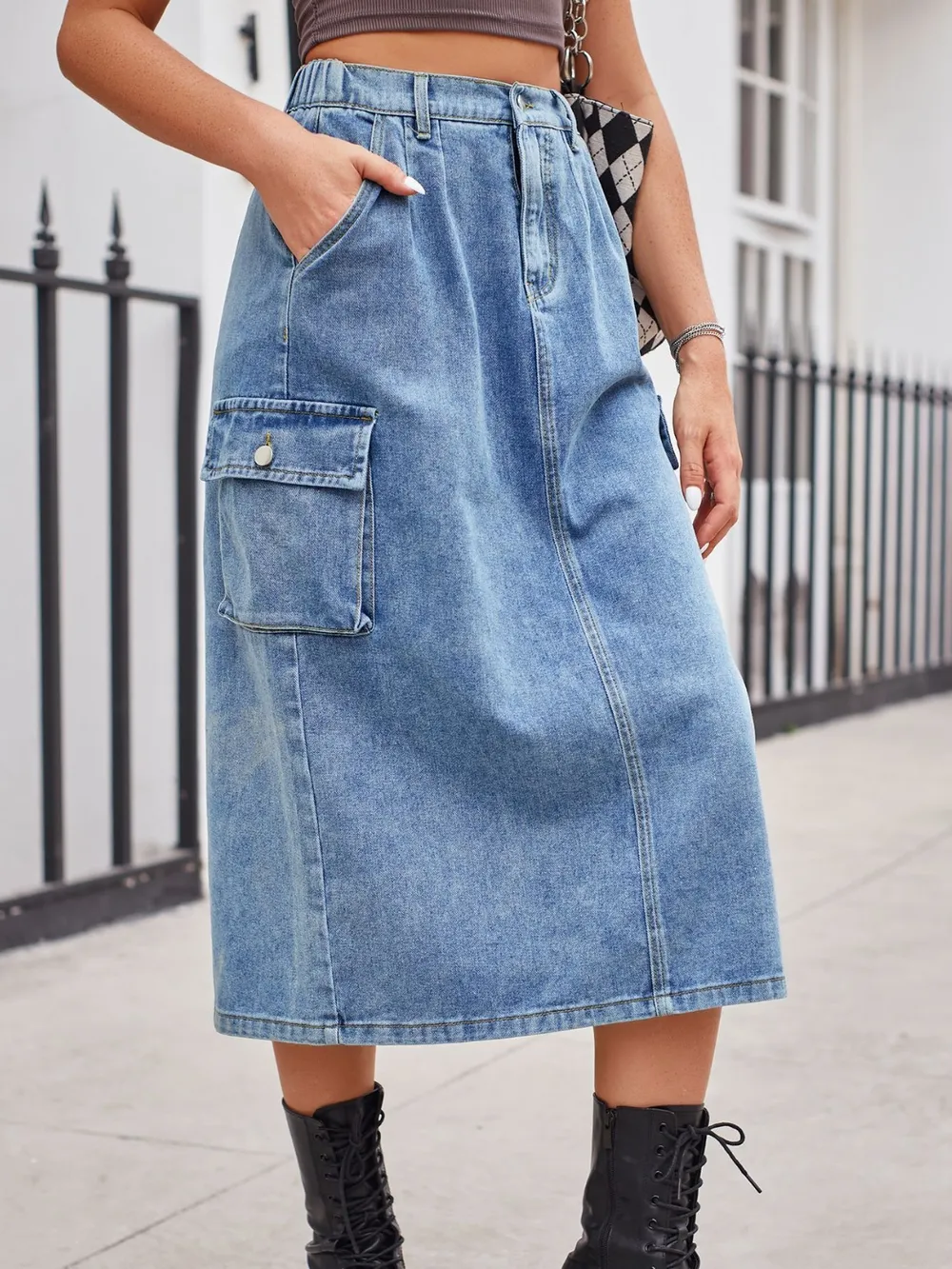 Slit Buttoned Denim Skirt with Pockets, image 6