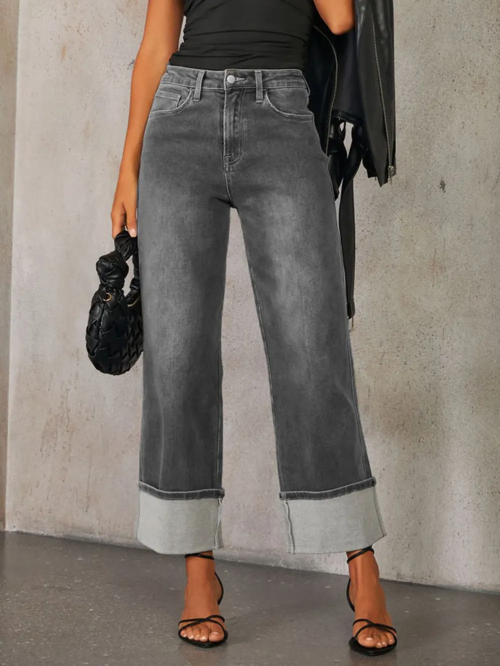High Waisted Straight Leg Rolled Jeans