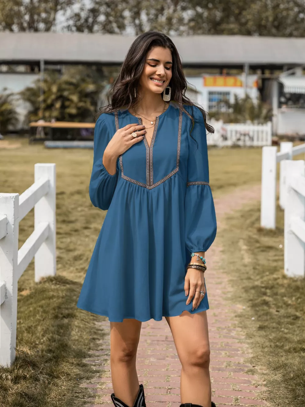 Notched Balloon Sleeve Mini Dress, image 2