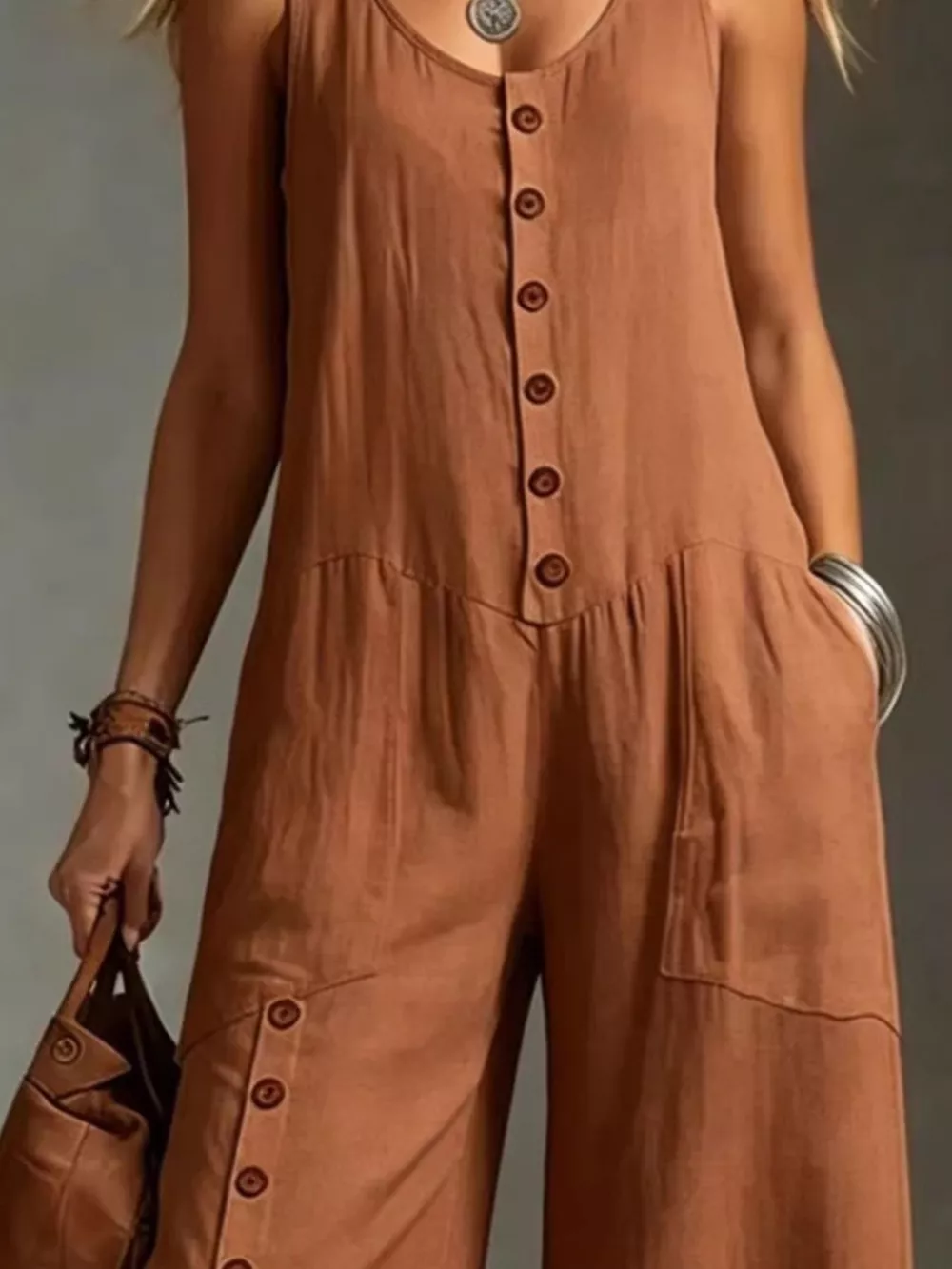 Full Size Sleeveless Button-Down Wide-Leg Jumpsuit Plus Size, image 4
