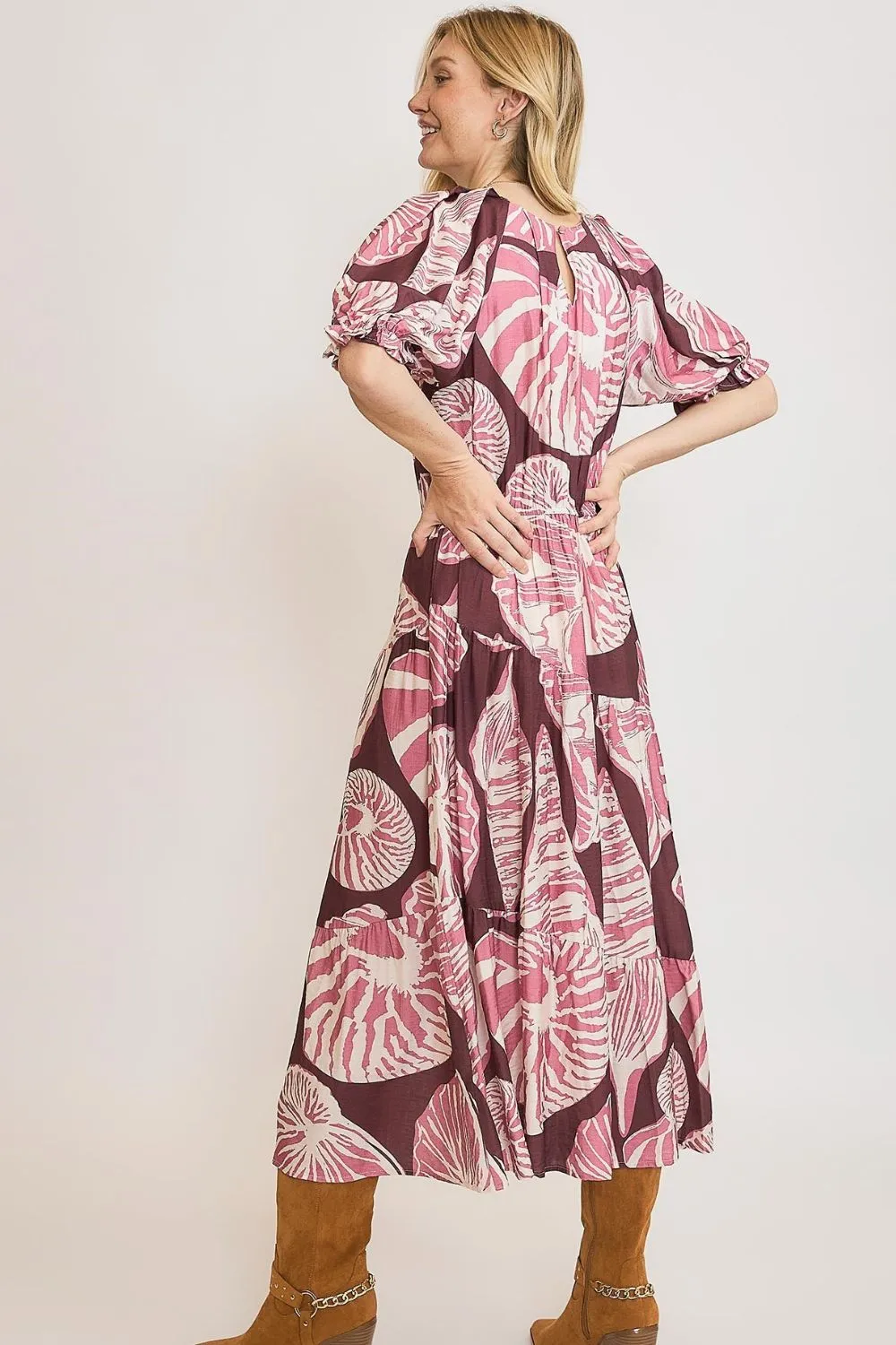 Full Size Printed Notched Puff Sleeve Midi Dress Plus Size, image 3