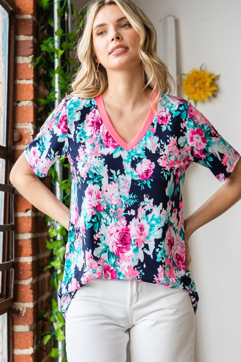 Full Size Floral V-Neck Short Sleeve T-Shirt, image 3