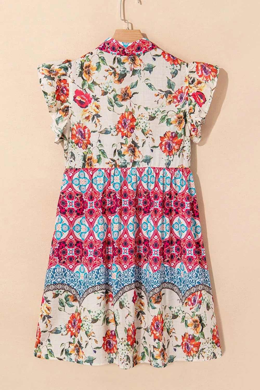 Floral Mixed Pattern Ruffle Flutter Sleeve Buttoned Dress, image 5