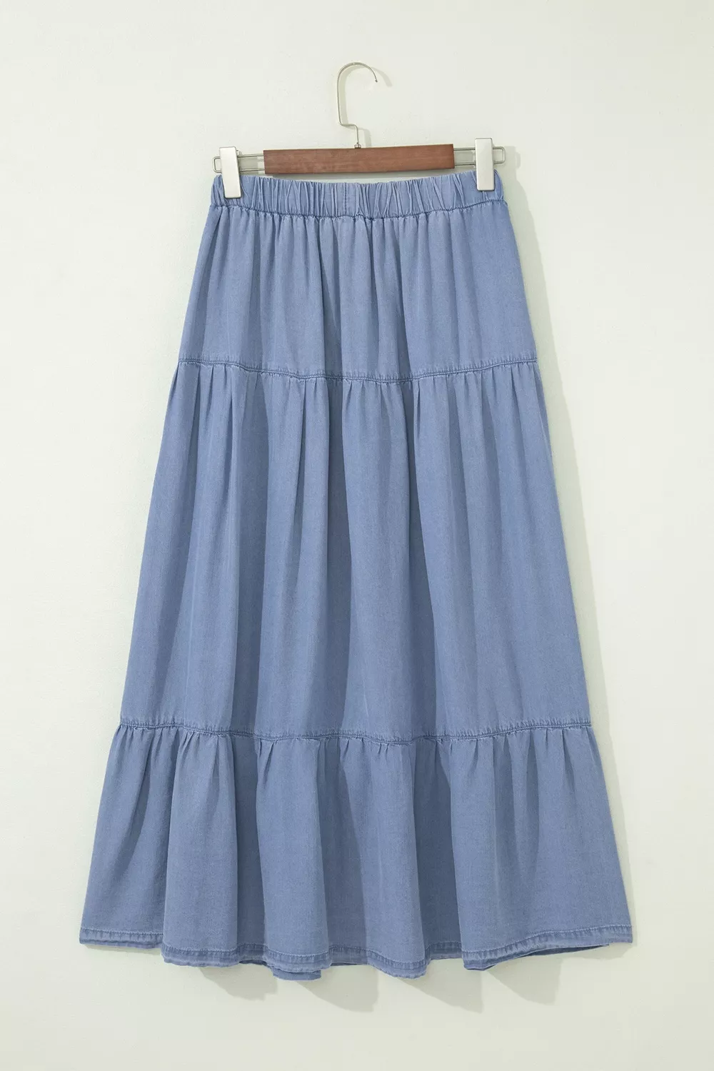 Elastic Waist Ruffled Tiered Flared Denim Maxi Skirt, image 6
