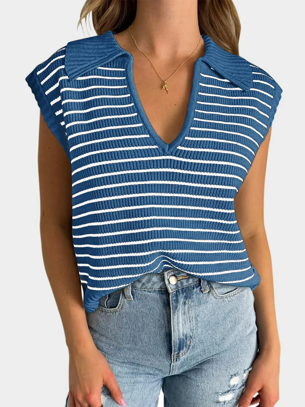 Collared Neck Striped Sweater Vest, image 7