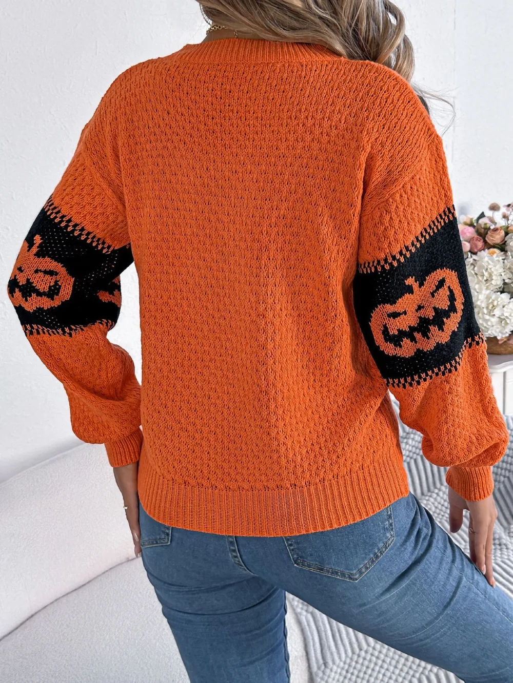 Pumpkin Round Neck Long Sleeve Sweater, image 4