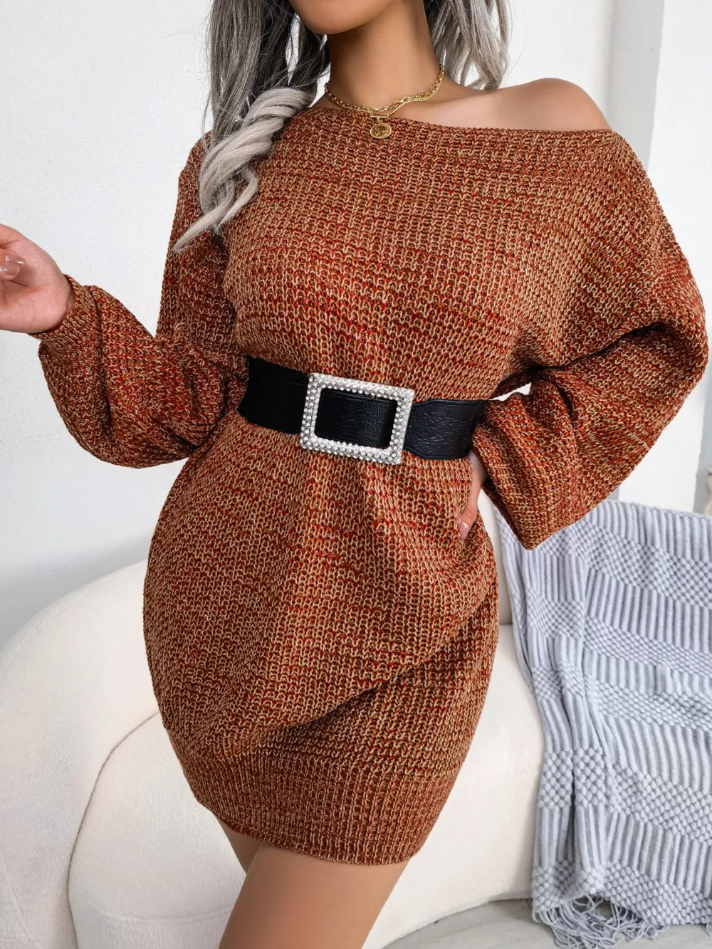 Multi-Color One-Shoulder Sweater Dress, image 13