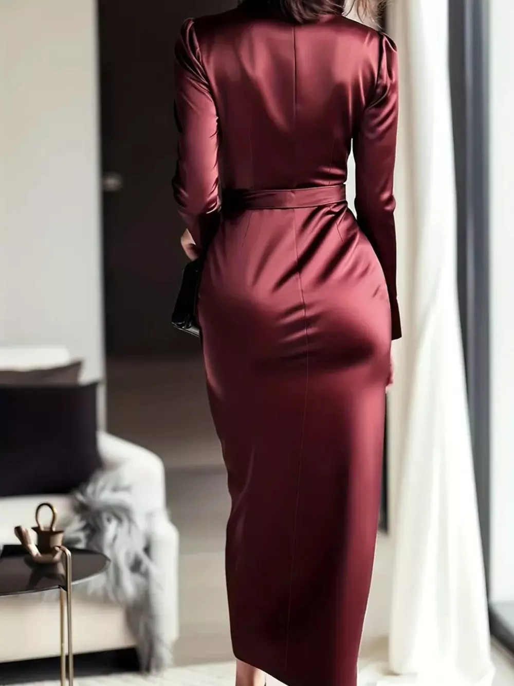 Satin Tie Waist Long Sleeve Dress, image 3