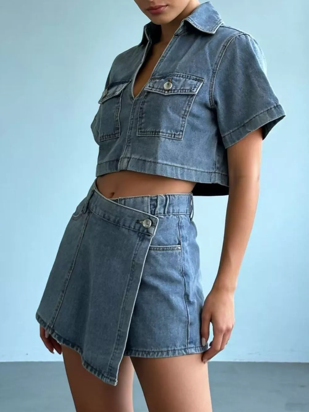 Short Sleeve Cropped Top and Skort Denim Set, image 4