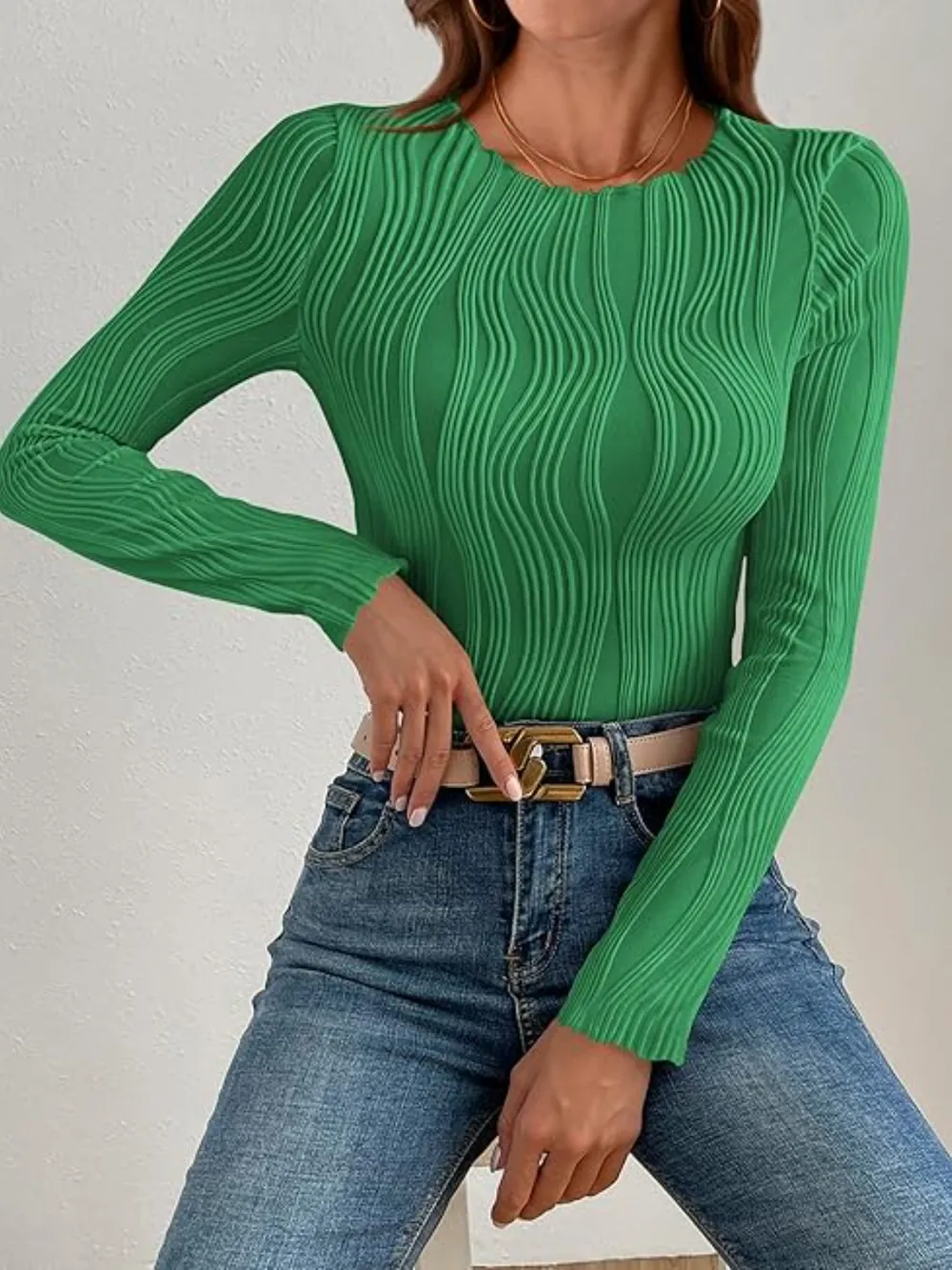 Textured Round Neck Long Sleeve Top, image 10