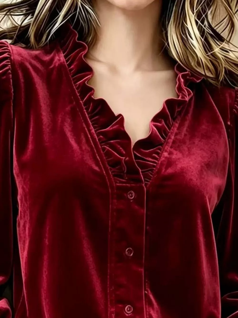 V-Neck Ruffled Velvet Button Down Blouse, image 8