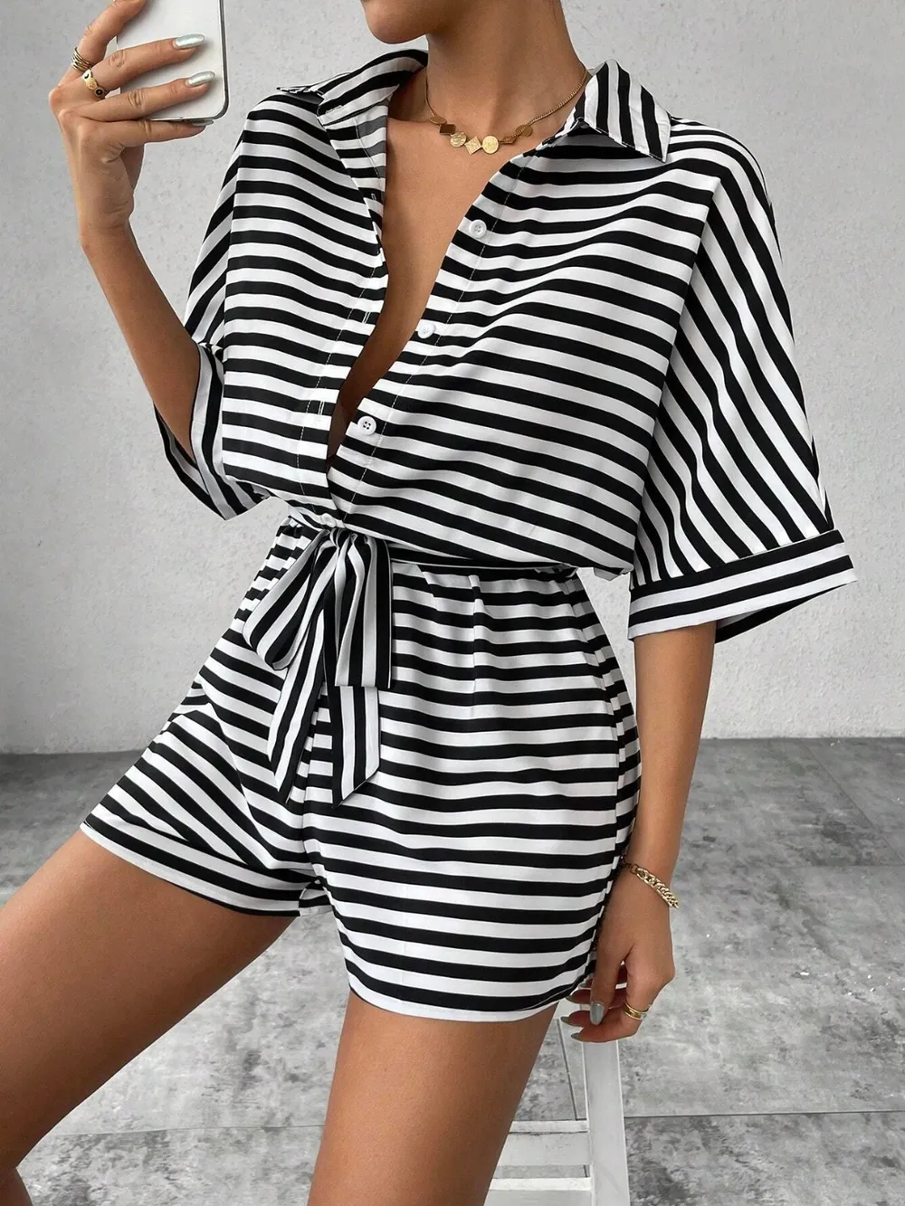 Tie Waist Half Button Striped Romper, image 7