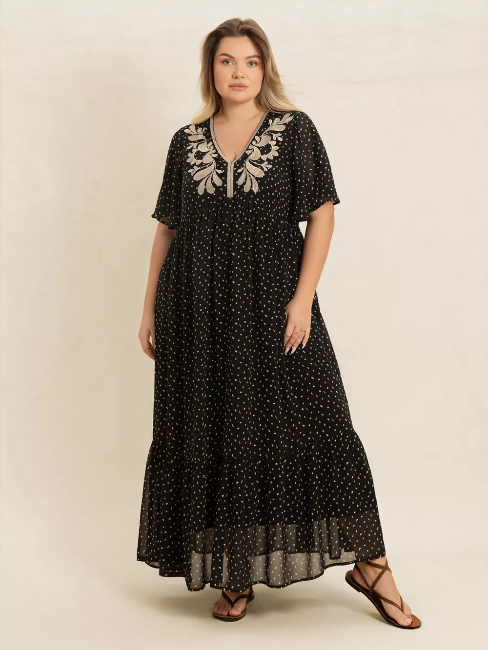 Plus Size Printed V-Neck Flutter Sleeve Maxi Dress, image 3