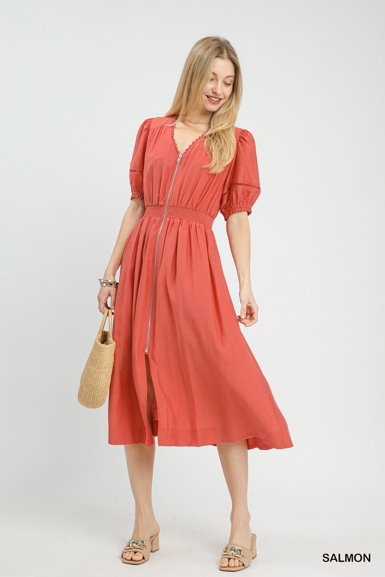 Zip-Front Smocked Waist Midi Dress, image 2