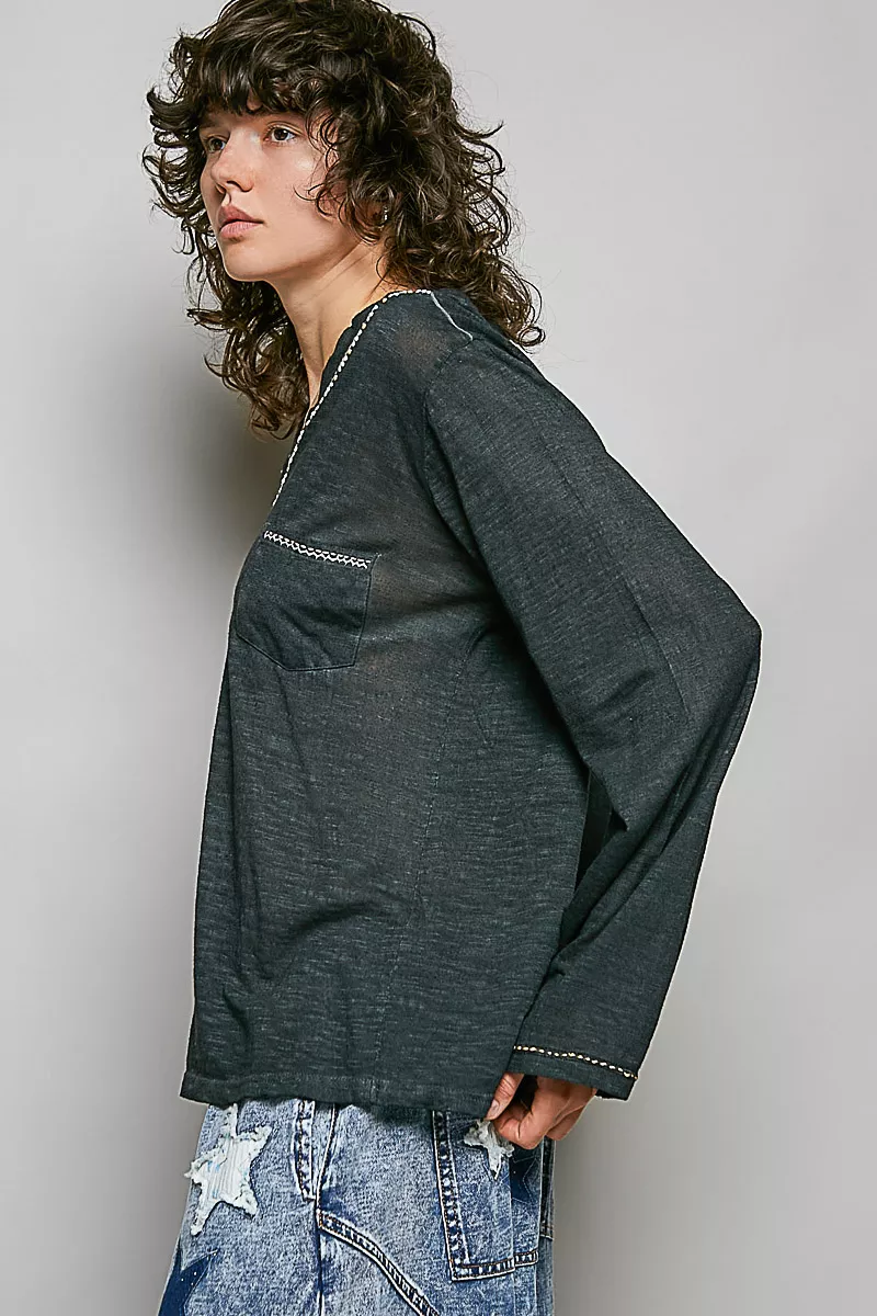 POL Contrast Stitch V-Neck Lightweight Knit Long Sleeve Top, image 2