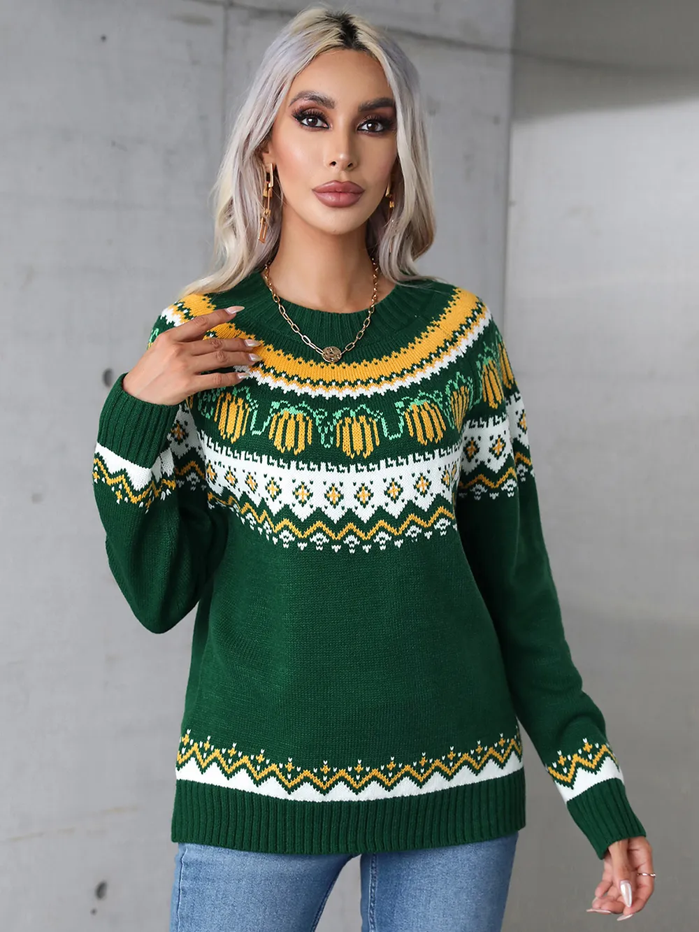 Geometric Round Neck Long Sleeve Sweater, image 6