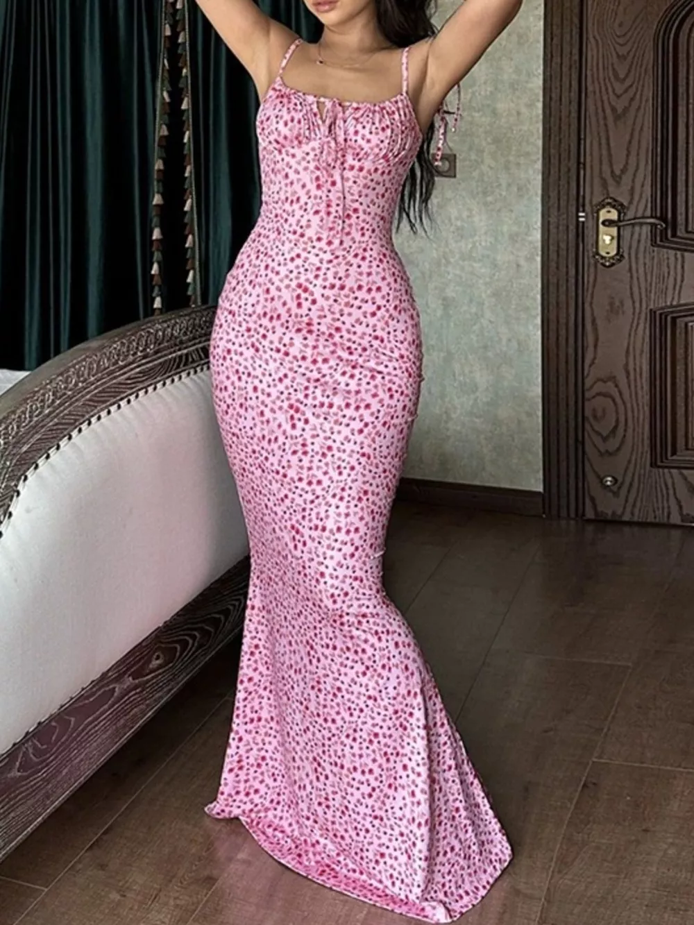 Floral Print Tie Strap Bodycon Maxi Dress, image 15