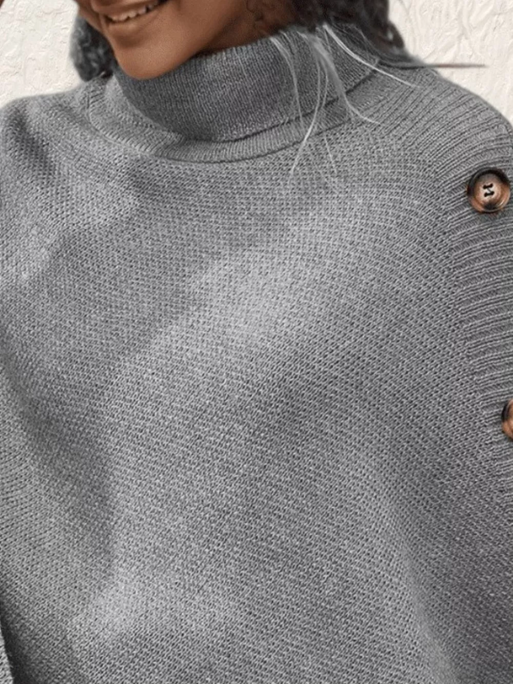 Button-Decor Turtleneck Poncho Pullover, image 5