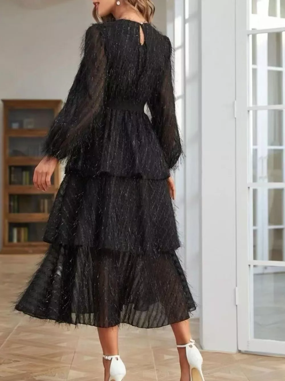 Full Size Layered Balloon Sleeve Midi Dress Plus Size, image 6