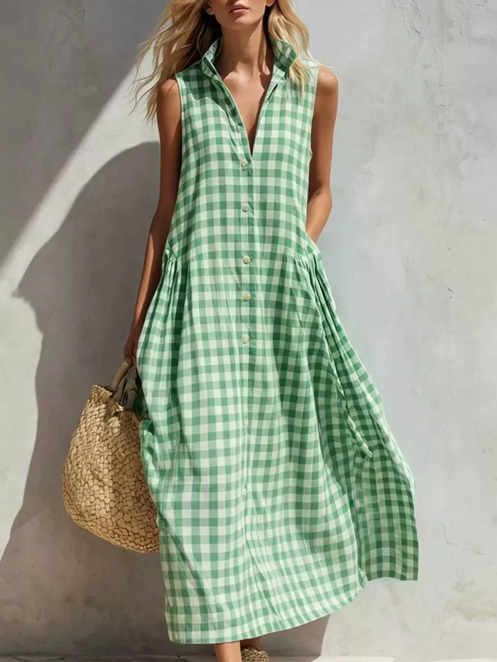 Full Size Sleeveless Gingham Button-Down Midi Dress Plus Size, image 9