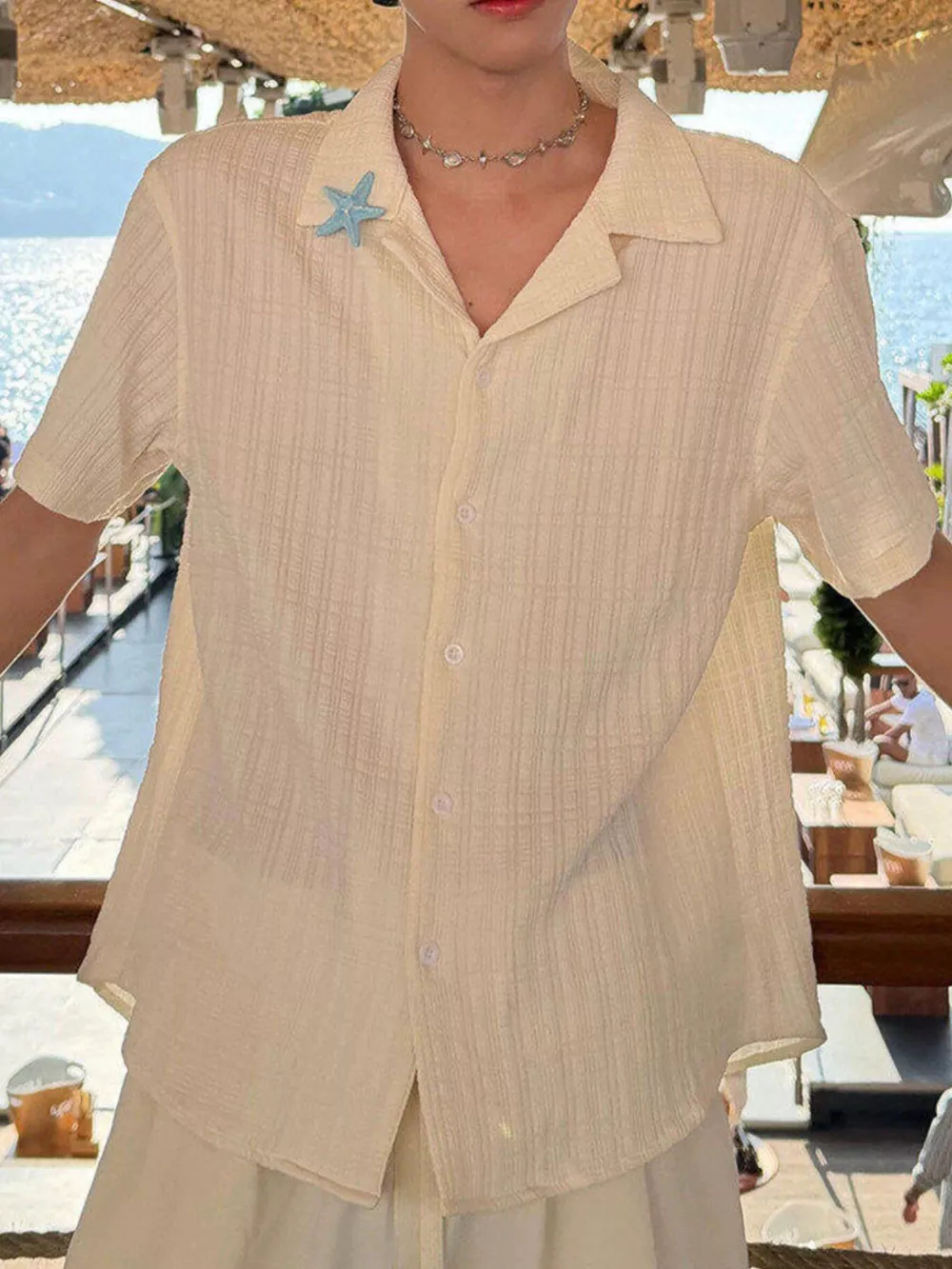 Men's Plus Size Lightweight Textured Short-Sleeve Shirt with Starfish Brooch, image 2