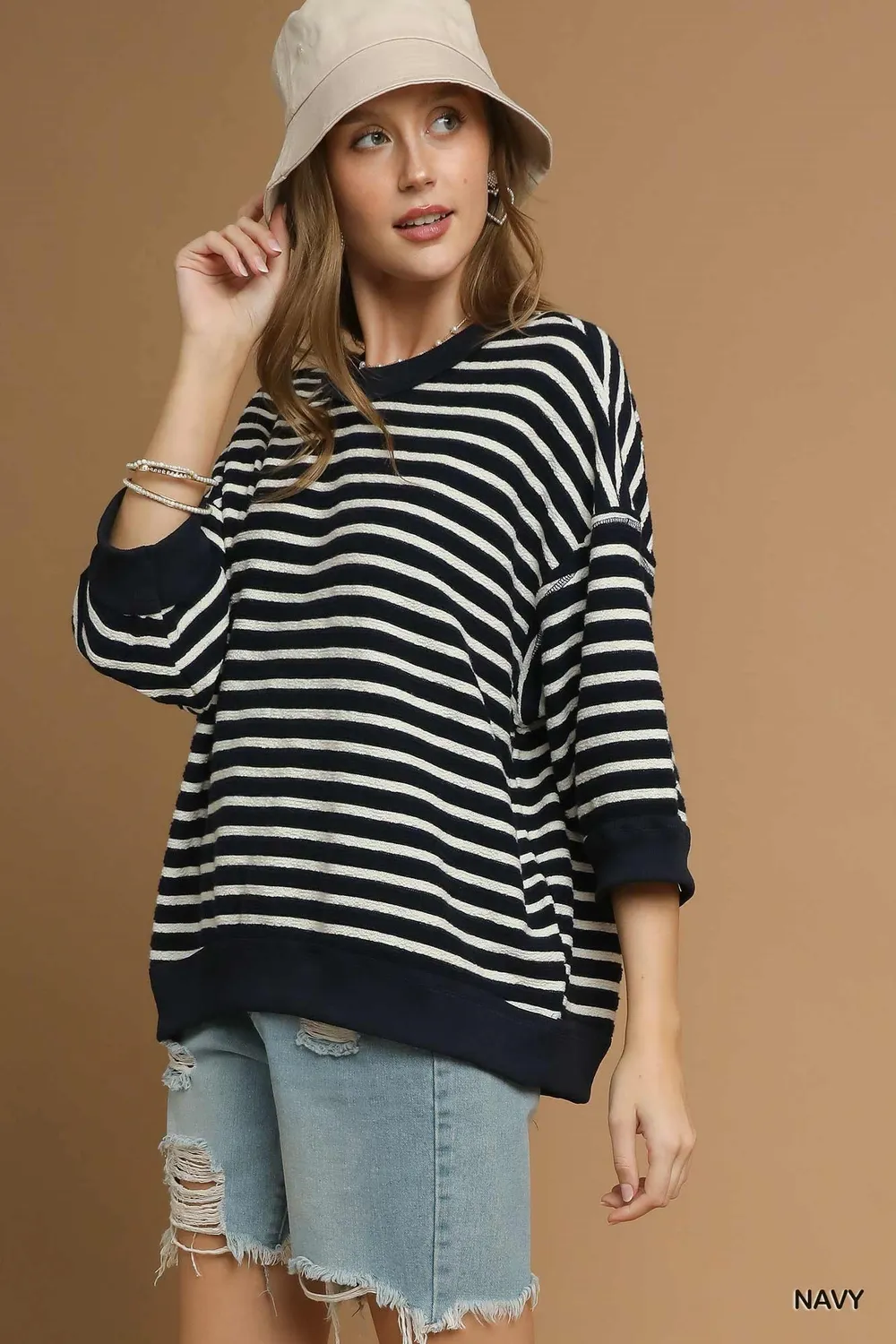 Ribbed Hem Striped Oversized Knit Top