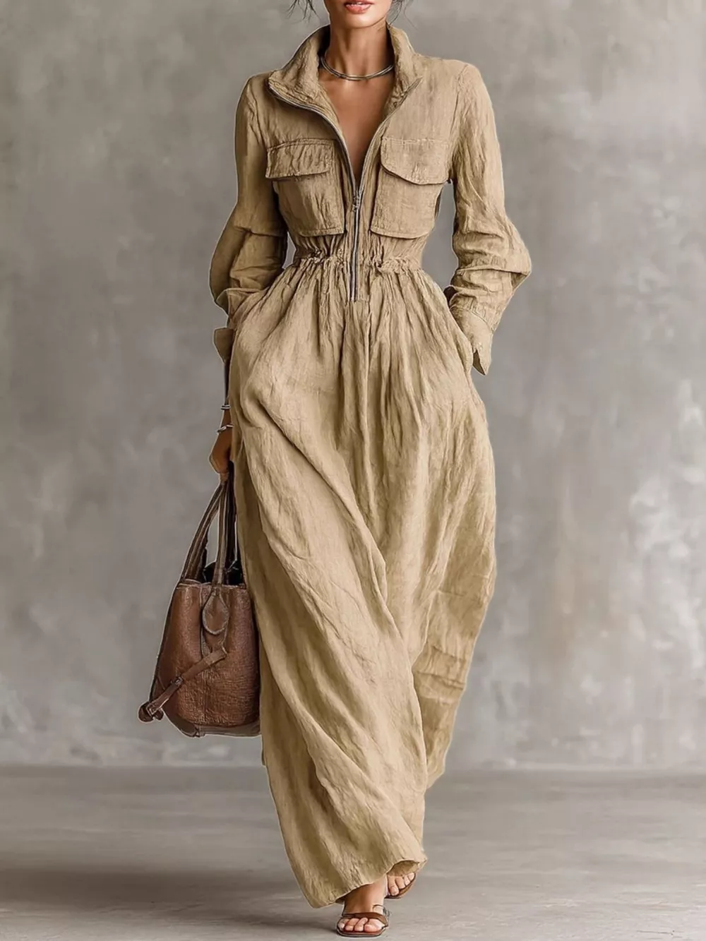 Zip-Front Long Sleeve Maxi Shirt Dress, image 2