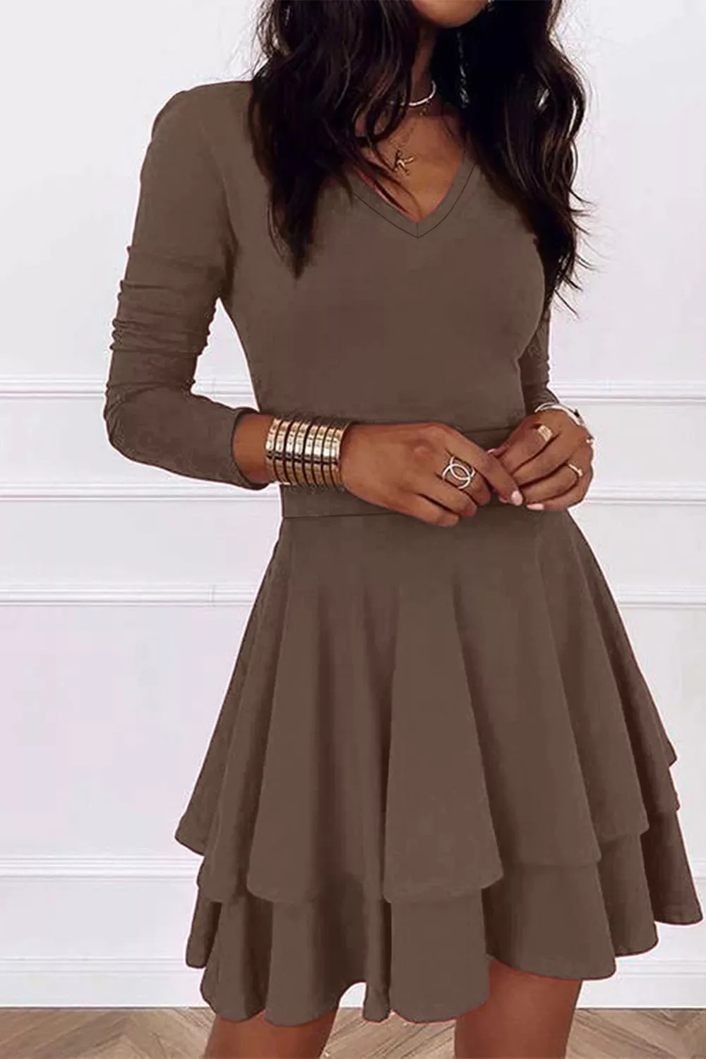Layered Long Sleeve V-Neck Mini Dress, image 2
