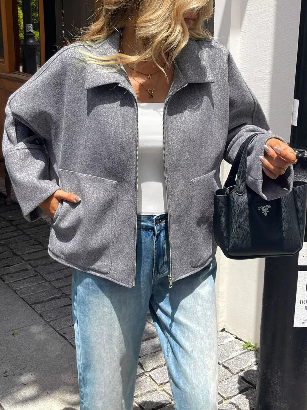 Oversized Collared Neck Zip-Up Jacket