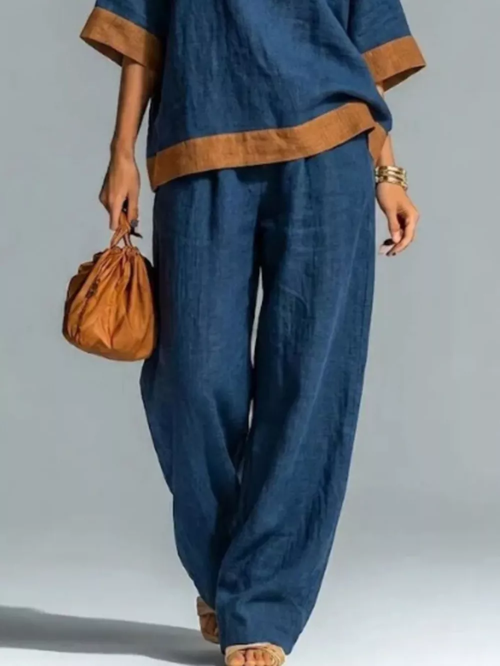 Full Size Contrast Trim Top and Wide Leg Pants Set Plus Size, image 12