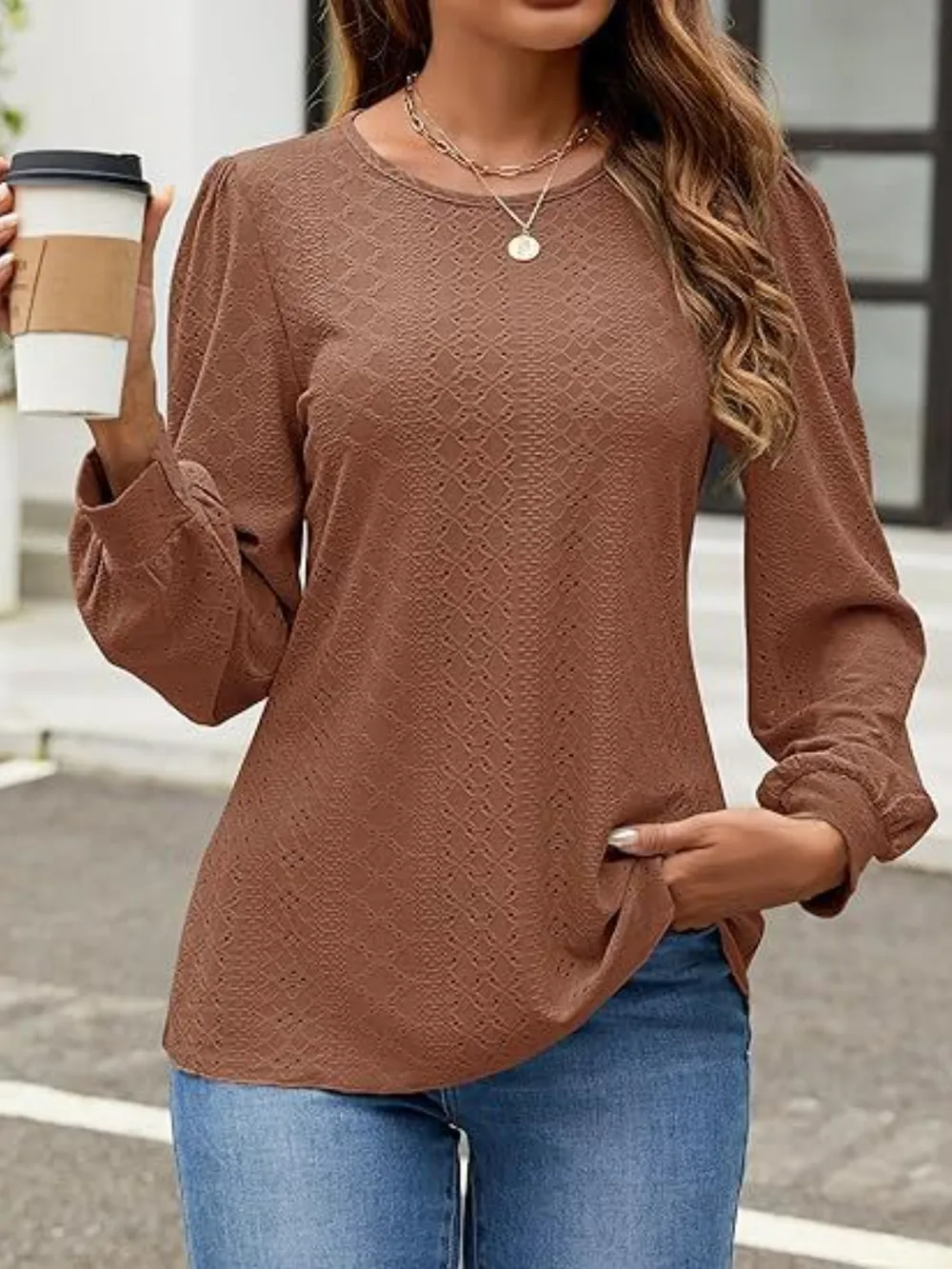 Eyelet Round Neck Long Sleeve Top, image 7