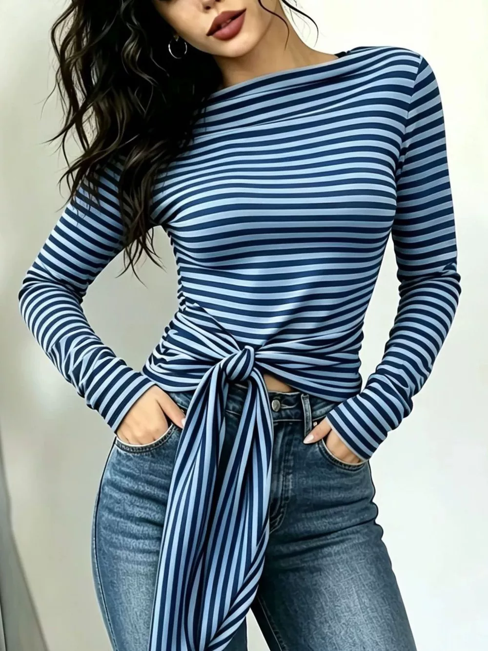 Long Sleeve Striped T-Shirt with Front Tie Detail, image 19