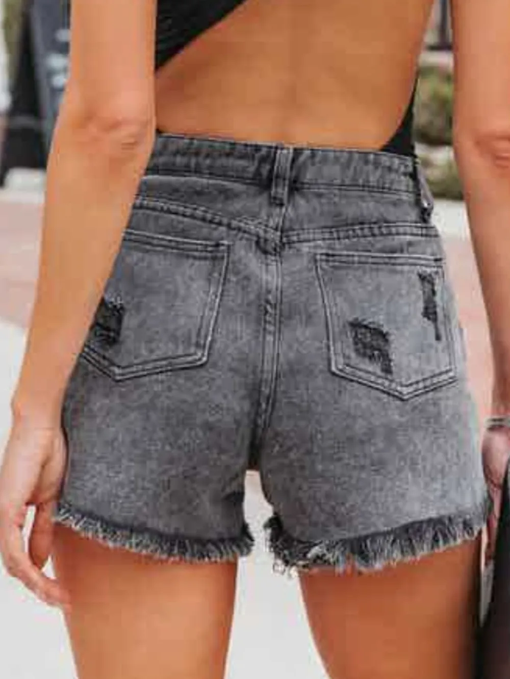 Distressed Fringe Denim Shorts with Pockets, image 3