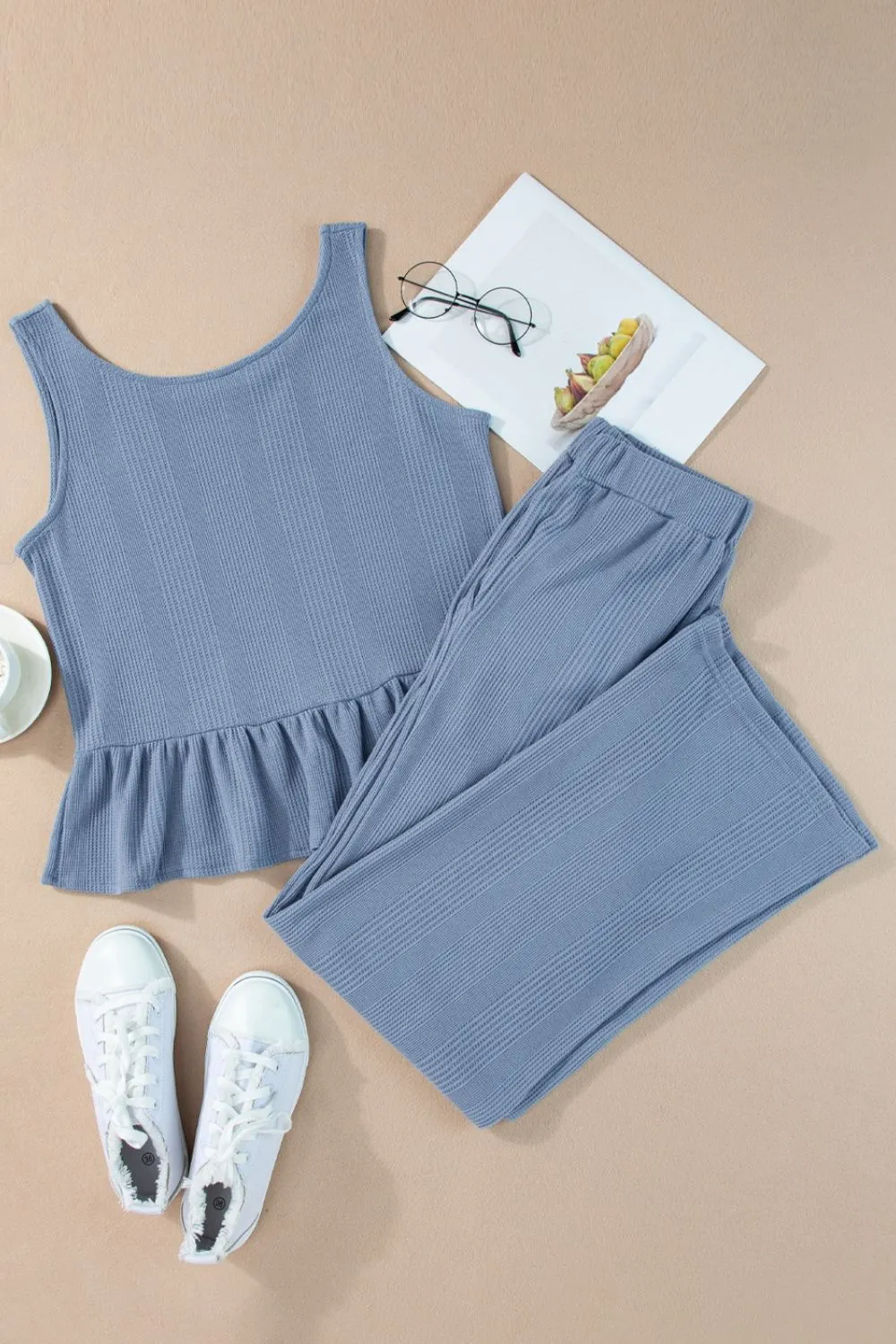 Color Ribbed Ruffle Tank Top and Pants Set, image 5