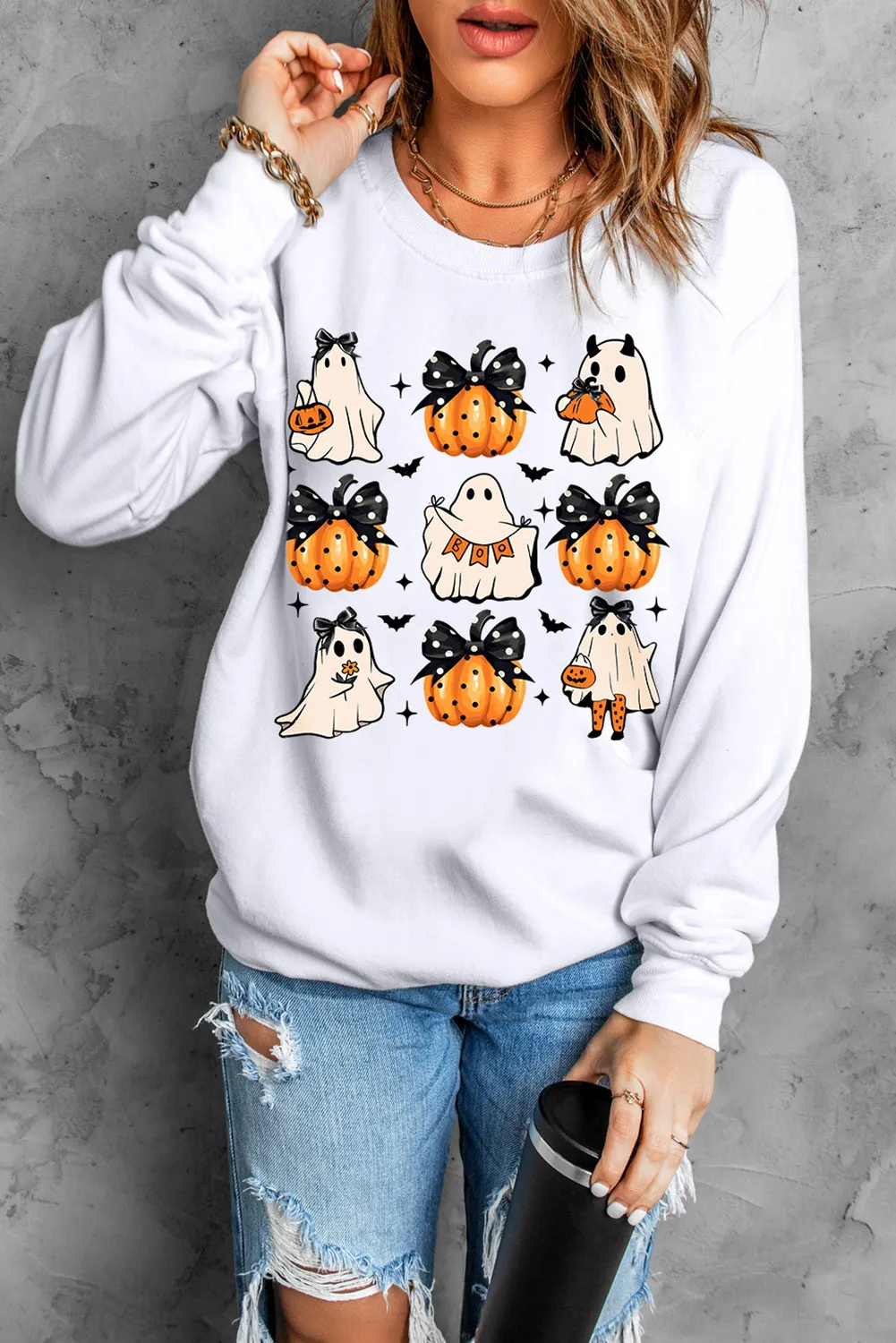 Pumpkin & Ghost Round Neck Long Sleeve Sweatshirt, image 3