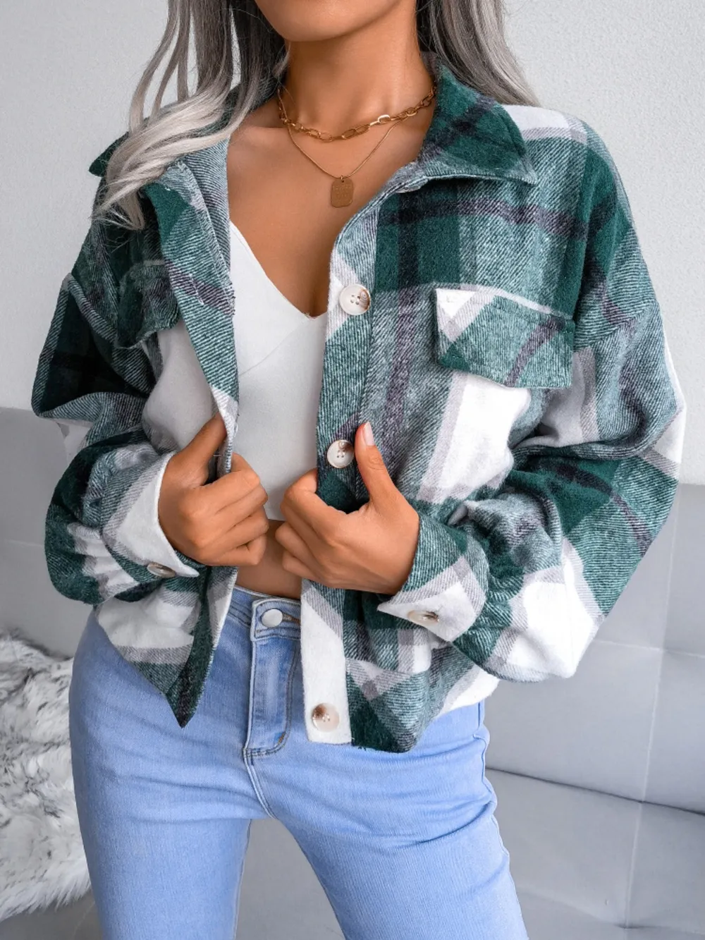 Plaid Collared Neck Long Sleeve Jacket, image 11