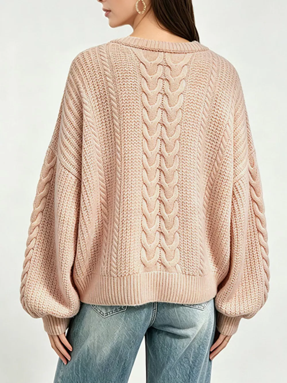 Chunky Cable Knit Round Neck Sweater, image 2