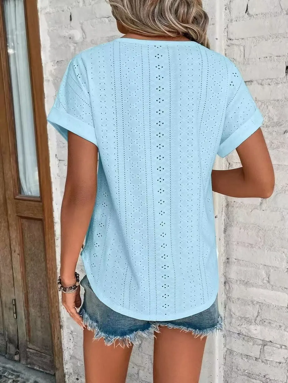 Eyelet Round Neck Short Sleeve Top, image 3