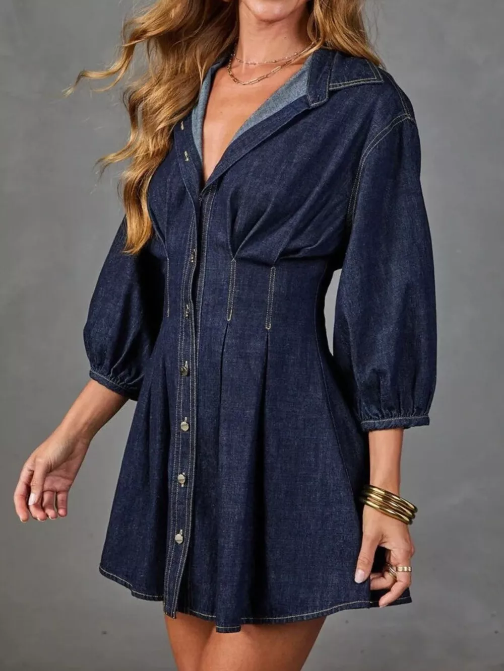 Button Down 3/4 Sleeve Denim Dress, image 4