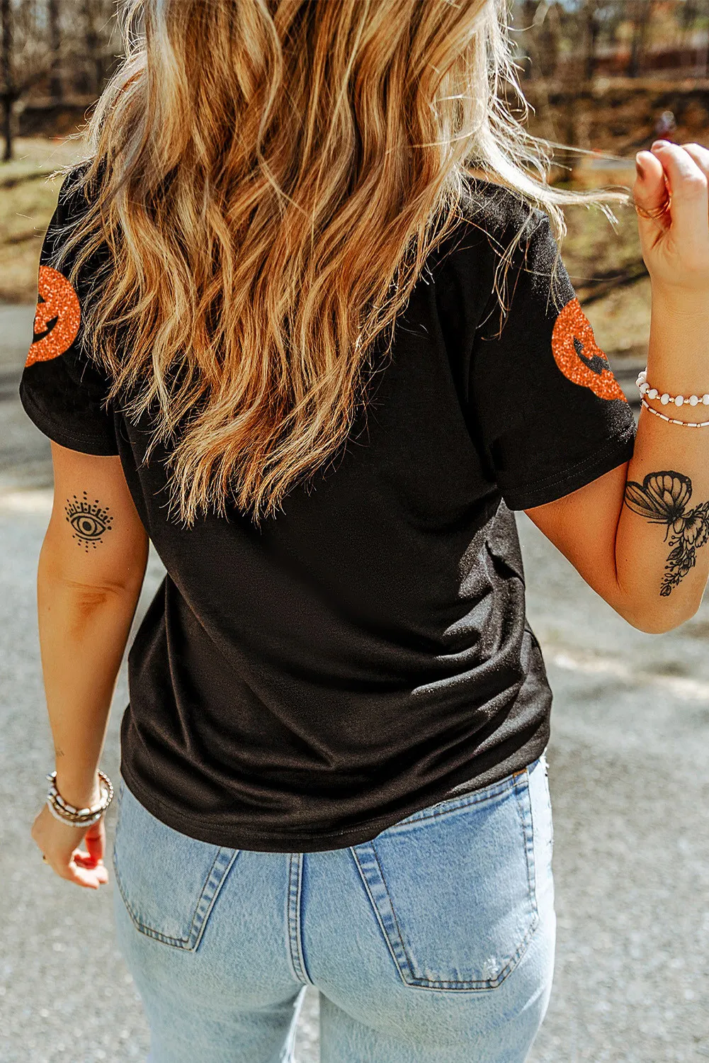 Full Size Glitter Jack-O'-Lantern Round Neck Short Sleeve T-Shirt, image 4