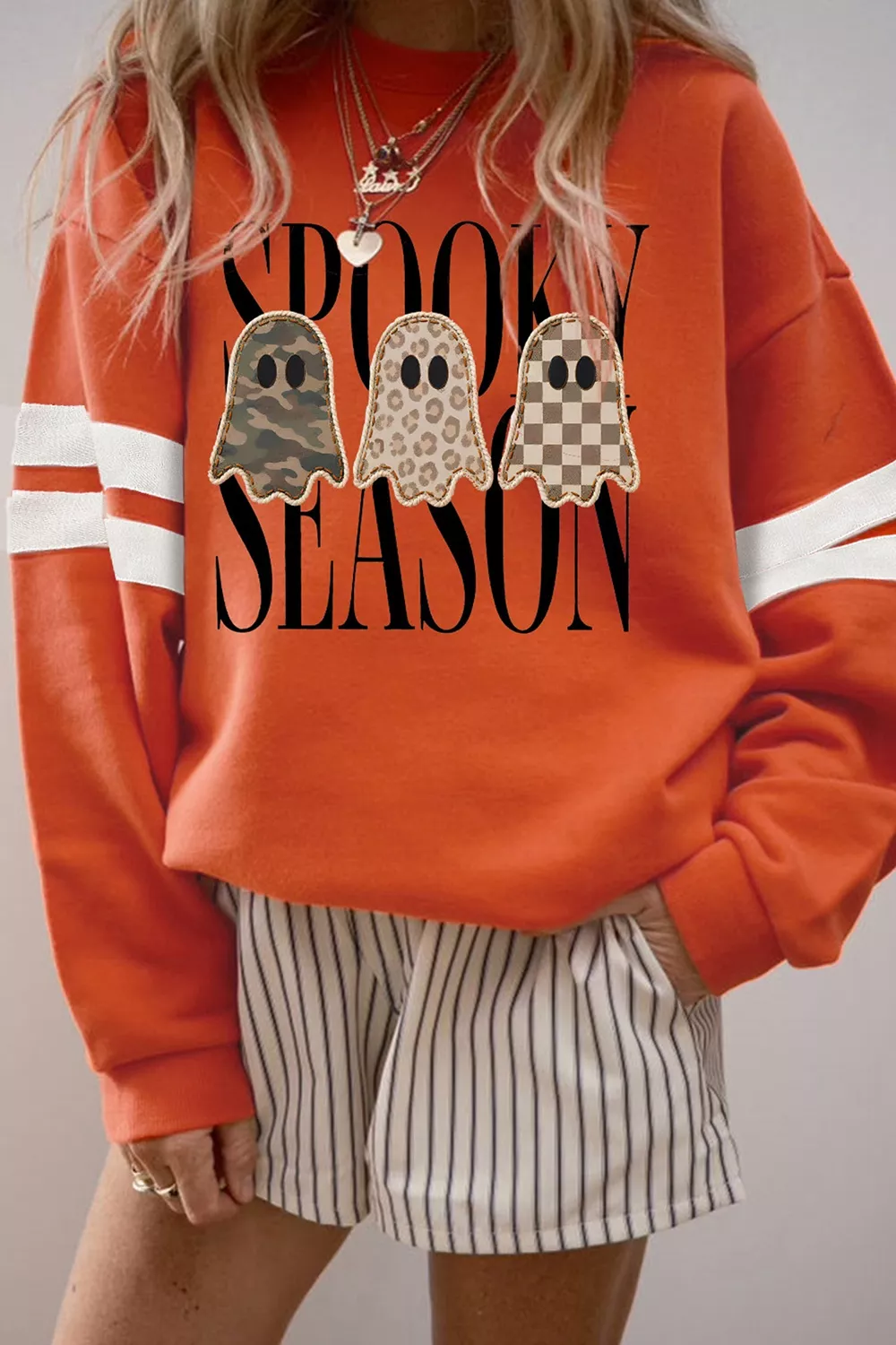 Spooky Season Ghost Graphic Varsity Striped Sleeve Halloween Pullover Sweatshirt, image 2