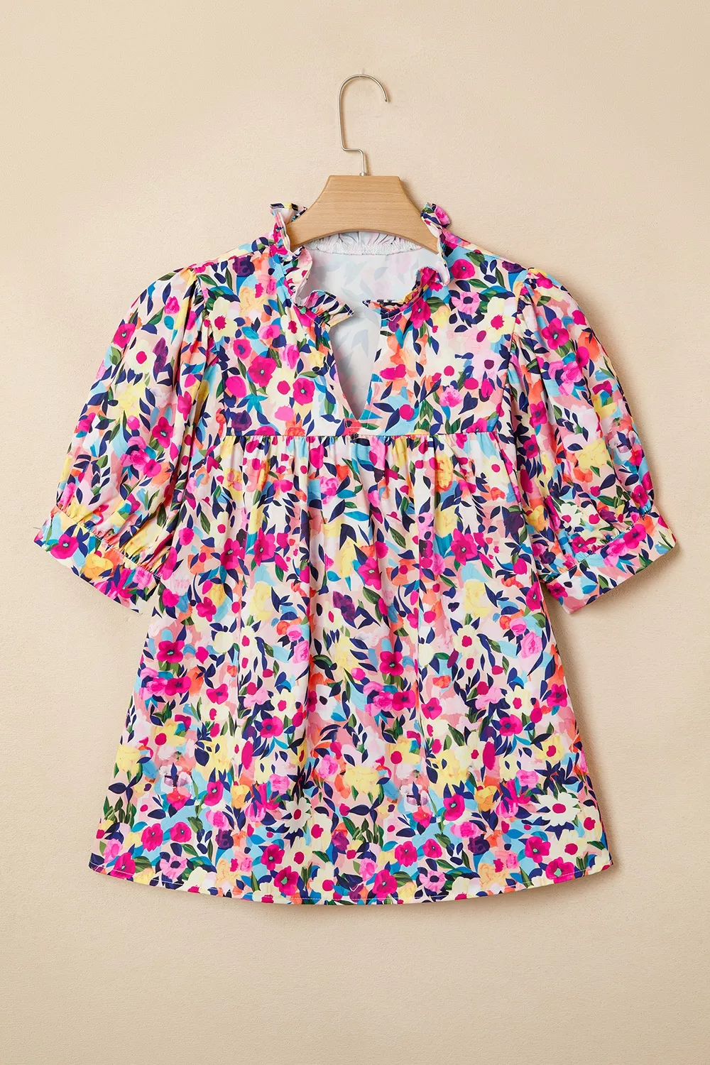 Flower Print Frilled Collar Short Puff Sleeve Summer Blouse, image 5