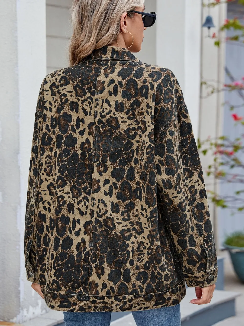Leopard Button Up Drop Shoulder Denim Jacket, image 2