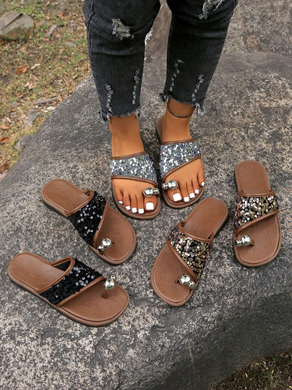 Sequin Toe Loop Flats Sandals, image 7
