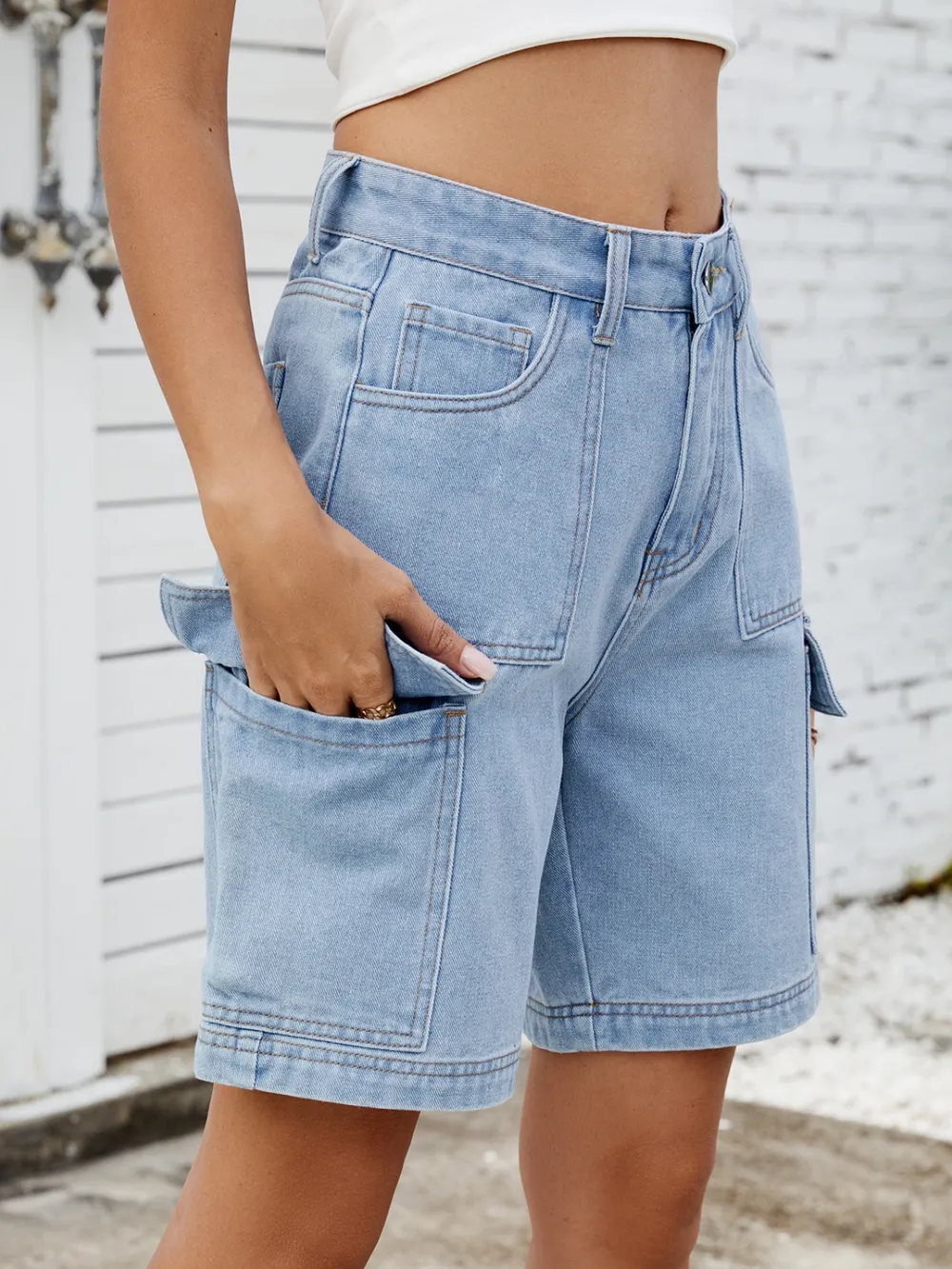 High Waist Denim Shorts with Cargo Pockets, image 4
