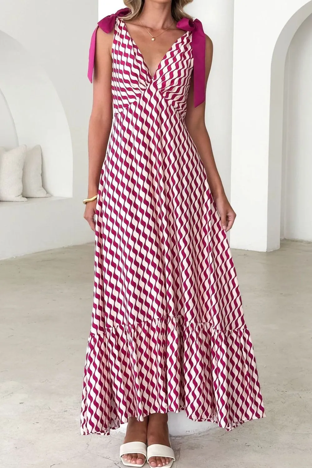 Printed V-Neck Tie Shoulder Midi Cami Dress, image 9