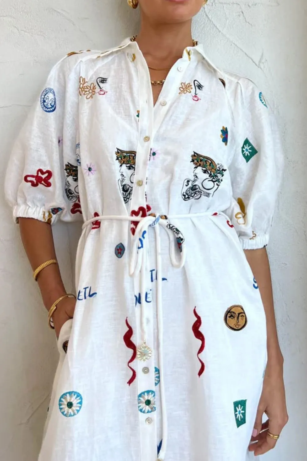 Printed Button-Up Midi Shirt Dress, image 2