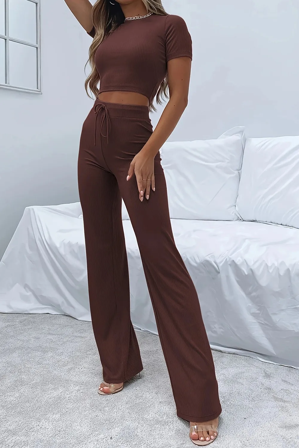 Round Neck Short Sleeve Top and Pants Set, image 6